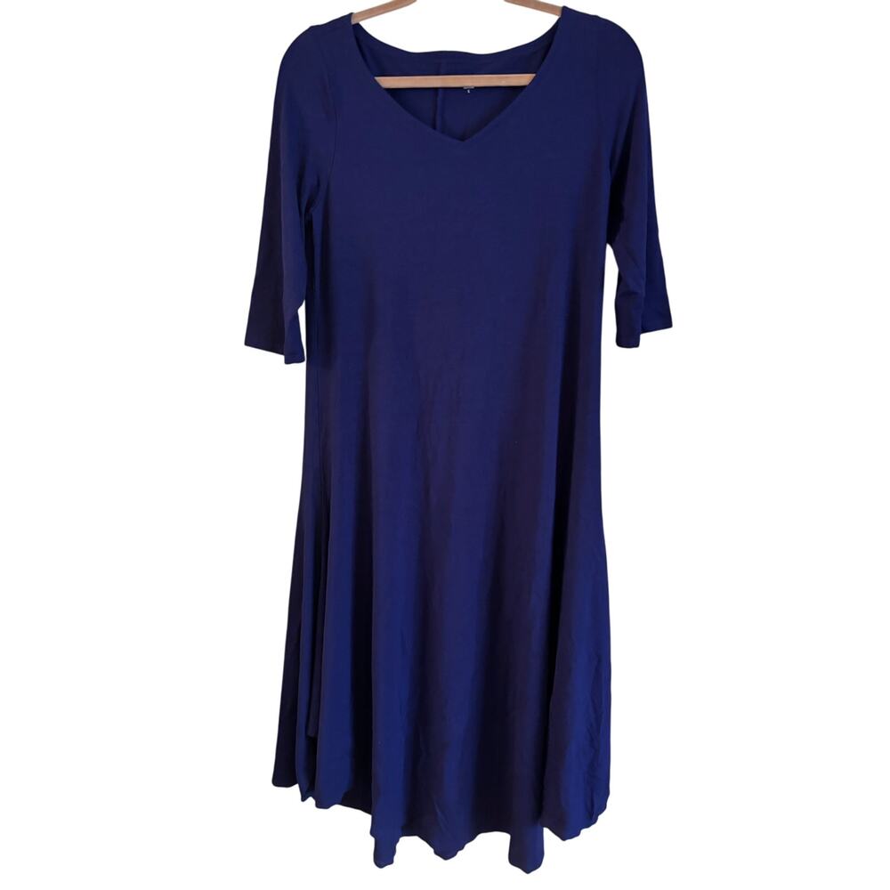 Eileen Fisher Navy Midi Shirt Dress V Neck Half Sleeves Size Small Flare